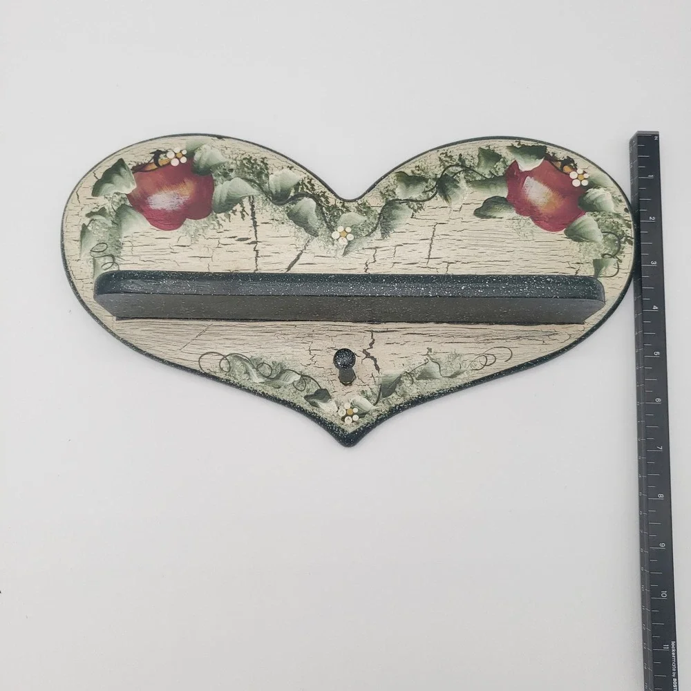 Rustic Heart Wall Shelf Hand Painted Apple Vine Crackle Finish Country Decor